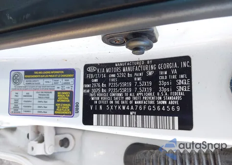 2015 Kia Sorento Sx V6 из США, поврежденный, VIN 5XYKW4A76FG564569